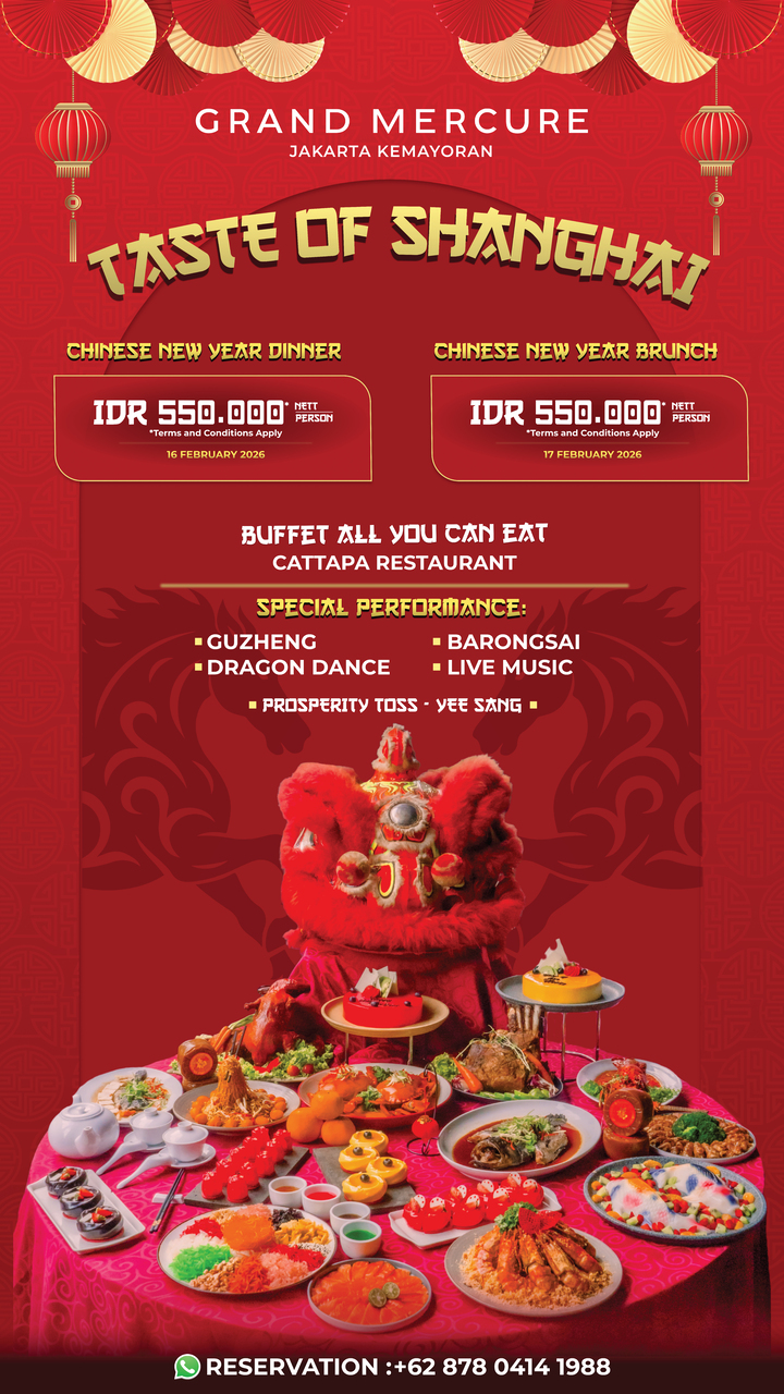 Rayakan Imlek dengan penuh kemeriahan, cita rasa, dan kebersamaan di Catappa Restaurant, Hotel Grand Mercure Jakarta Kemayoran. Untuk informasi dan reservasi, tamu dapat menghubungi Tim Catappa Restaurant di +62 878 0414 1988 dan bersiap menyambut Tahun Baru Imlek dengan penuh keberuntungan.